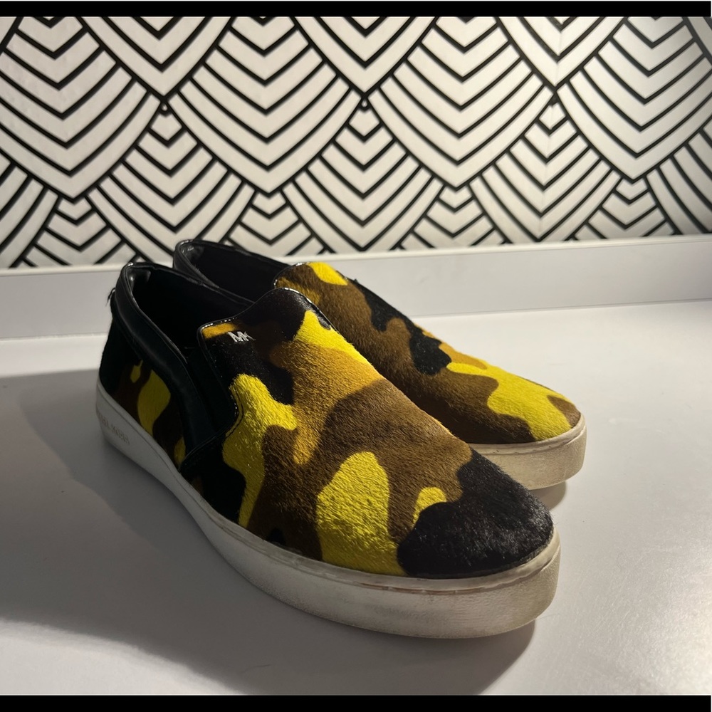Michael Kors Acid Yellow Camouflage Print Calf Hair Slip On Sneakers